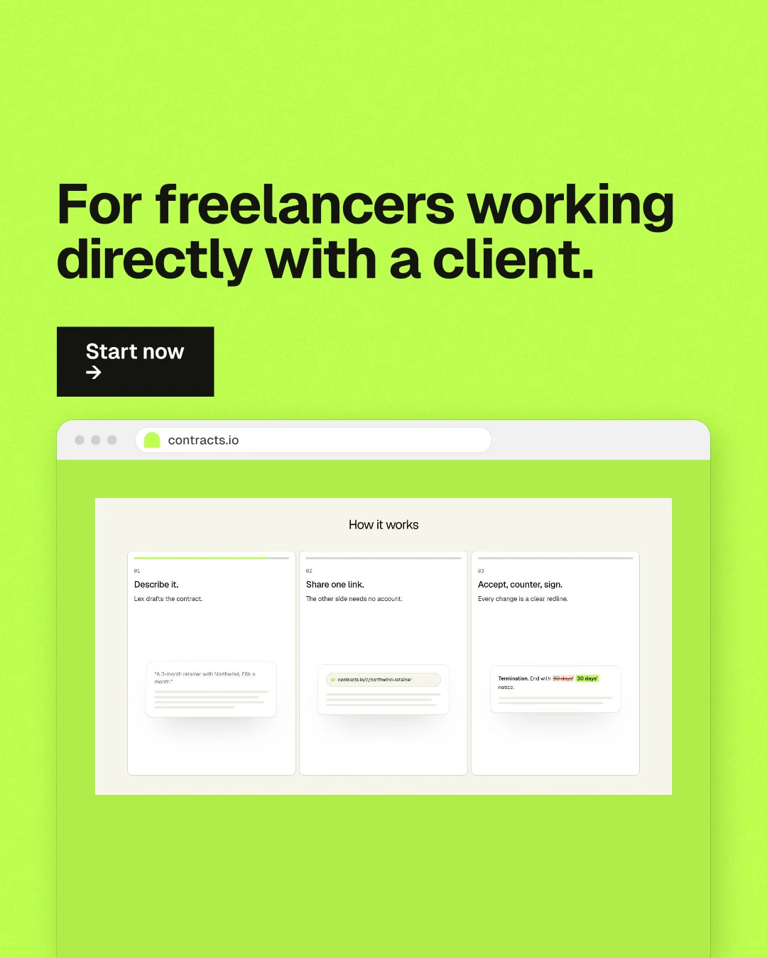 Instagram portrait post for contracts.io: "For freelancers working directly with a client." Swiss style, browser layout, light palette in green.