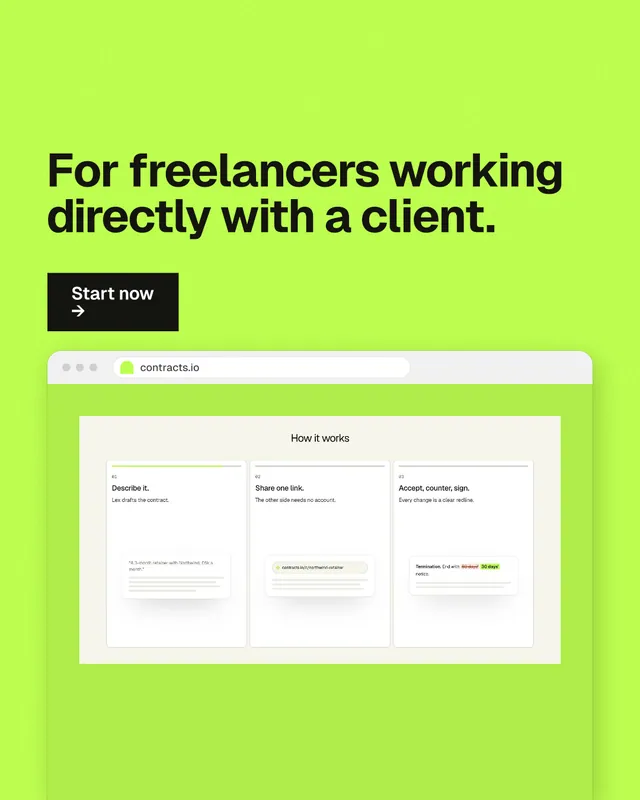 Instagram portrait post for contracts.io: "For freelancers working directly with a client." Swiss style, browser layout, light palette in green.