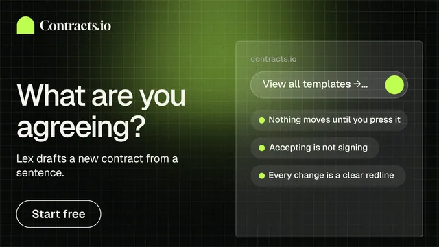 Landscape graphic for contracts.io: "What are you agreeing?" Phosphor atlas style, bottom layout, dark palette in black, green.