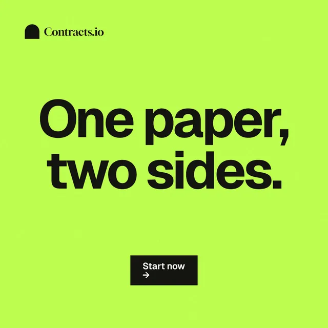 Instagram post for contracts.io: "One paper, two sides." Swiss style, centred layout, light palette in green.