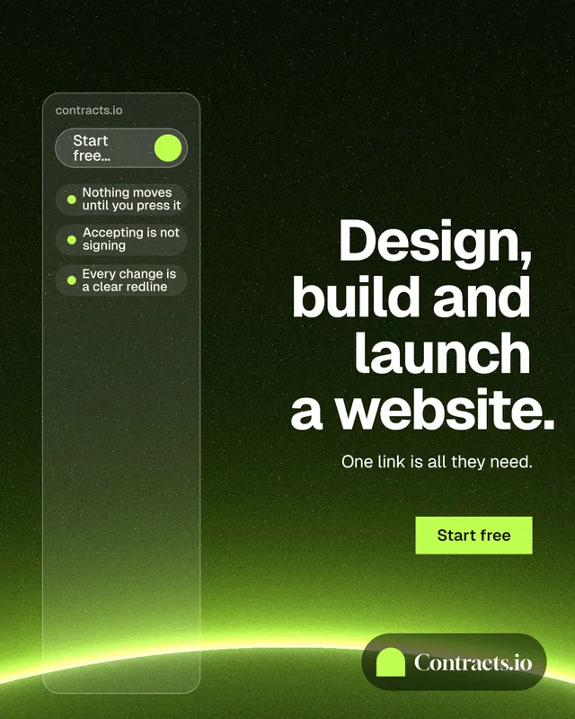 Instagram portrait post for contracts.io: "Design, build and launch a website." Swiss style, right layout, dark palette in green, black.
