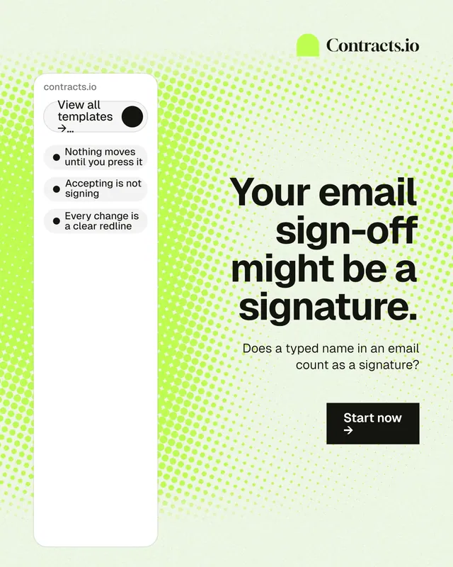 Instagram portrait post for contracts.io: "Your email sign-off might be a signature." Swiss style, right layout, light palette in white, green, grey.