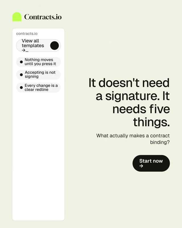Instagram portrait post for contracts.io: "It doesn't need a signature. It needs five things." Data card style, right layout, light palette in white, grey.