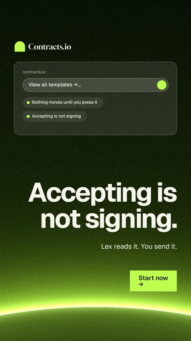 Instagram story for contracts.io: "Accepting is not signing." Swiss style, right layout, dark palette in black, green.