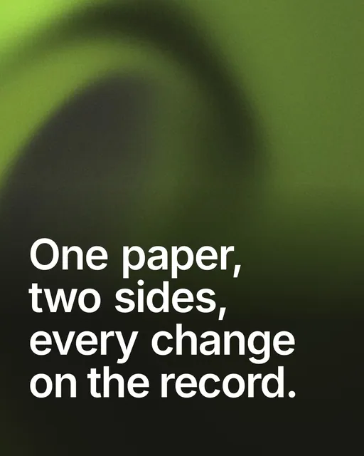Video for contracts.io: "One paper, two sides, every change on the record.". Shader loop, 6.0 s, dark palette.