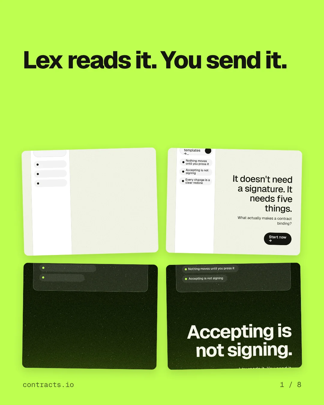 Carousel for contracts.io: "Lex reads it. You send it.". Collection carousel, 8 slides, light palette.