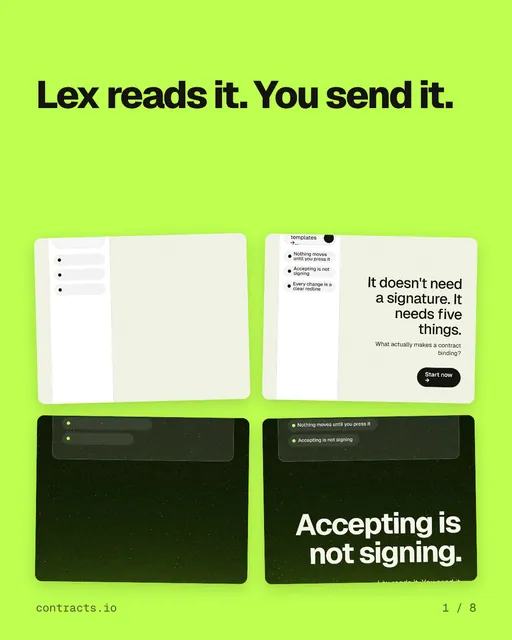Carousel for contracts.io: "Lex reads it. You send it.". Collection carousel, 8 slides, light palette.
