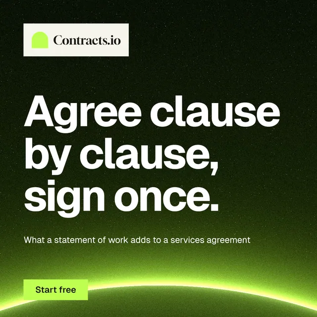 Instagram post for contracts.io: "Agree clause by clause, sign once." Swiss style, announce layout, dark palette in green, black.
