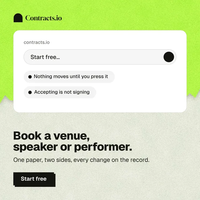 Instagram post for contracts.io: "Book a venue, speaker or performer." Paper trio style, bottom layout, light palette in white, green, grey.