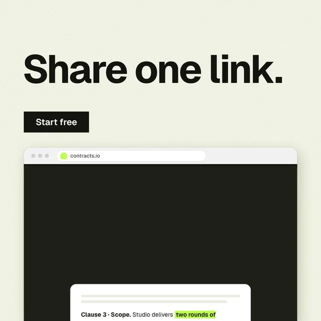 Instagram post for contracts.io: "Share one link." Swiss style, browser layout, light palette in green, black, white.