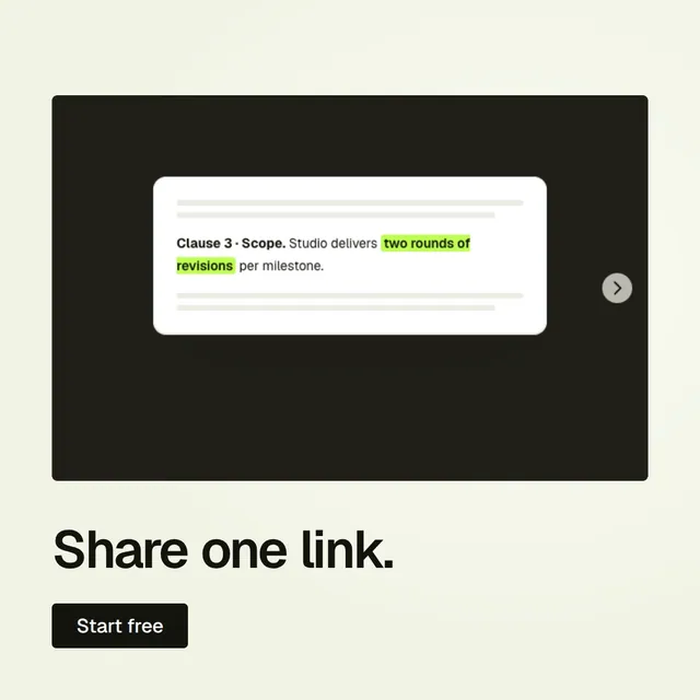 Video for contracts.io: "Share one link.". Doc motion loop, 6.0 s, light palette.