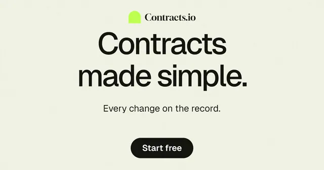 Social ad for contracts.io: "Contracts made simple." Data card style, centred layout, light palette in white, grey.
