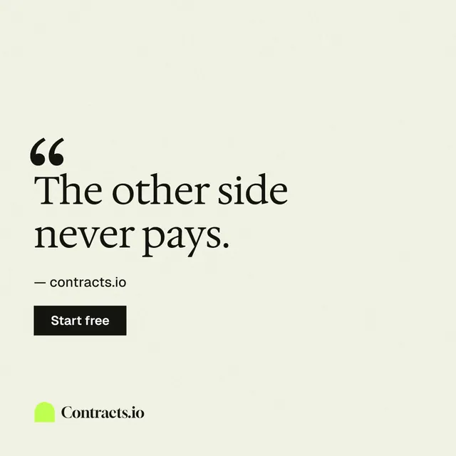 Instagram post for contracts.io: "The other side never pays." Swiss style, quote layout, light palette in white, yellow.