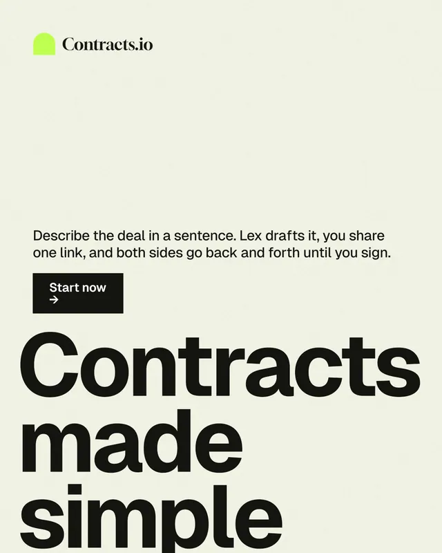 Instagram portrait post for contracts.io: "Contracts made simple." Swiss style, oversized layout, light palette in white, grey, yellow.