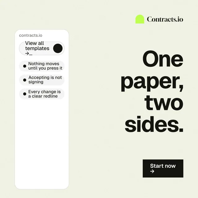 Instagram post for contracts.io: "One paper, two sides." Swiss style, right layout, light palette in white, grey.