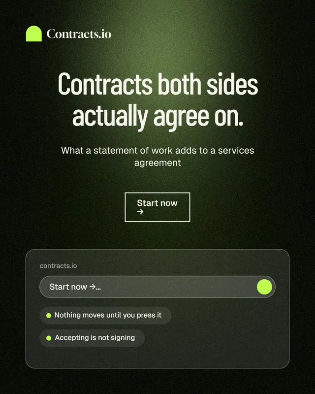 Instagram portrait post for contracts.io: "Contracts both sides actually agree on." Dark deco style, centred layout, dark palette in black, green, grey.