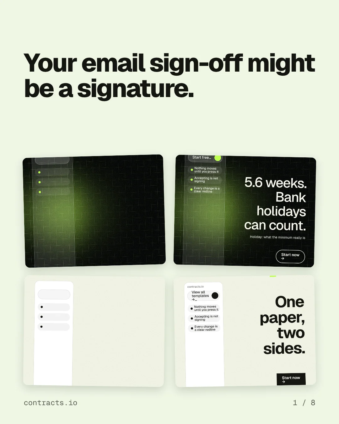 Carousel for contracts.io: "Your email sign-off might be a signature.". Collection carousel, 8 slides, light palette.