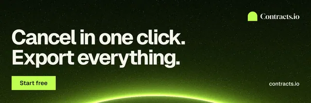X header for contracts.io: "Cancel in one click. Export everything." Swiss style, poster layout, dark palette in green, black.