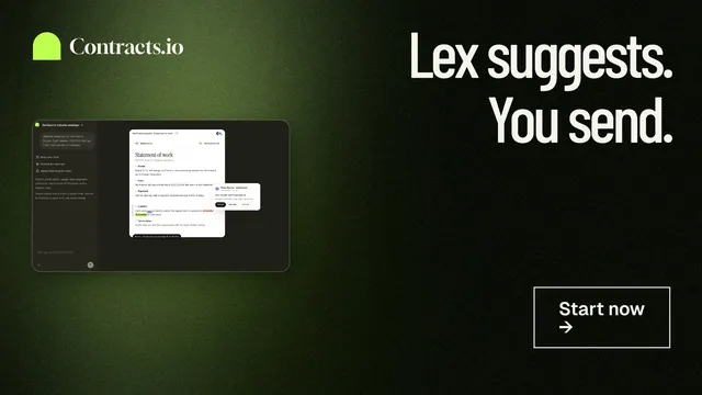 Landscape graphic for contracts.io: "Lex suggests. You send." Dark deco style, right layout, dark palette in black, green, grey.