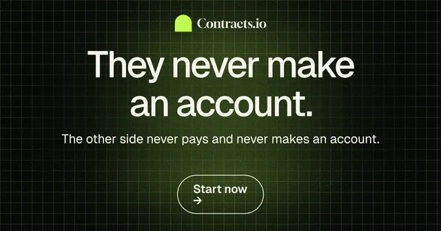 Social ad for contracts.io: "They never make an account." Phosphor atlas style, centred layout, dark palette in black, grey.