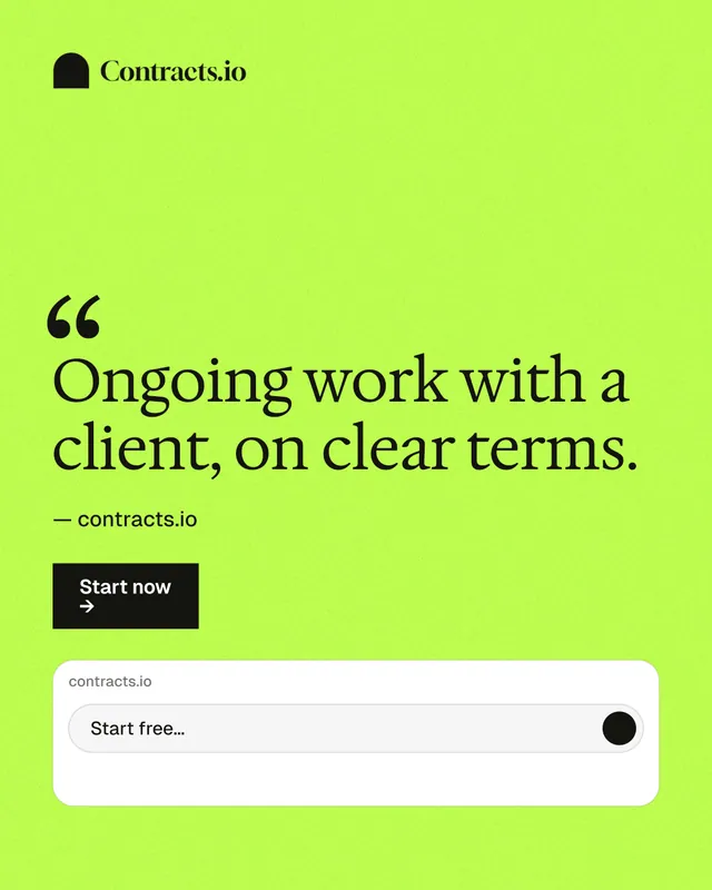 Instagram portrait post for contracts.io: "Ongoing work with a client, on clear terms." Swiss style, quote layout, light palette in green.