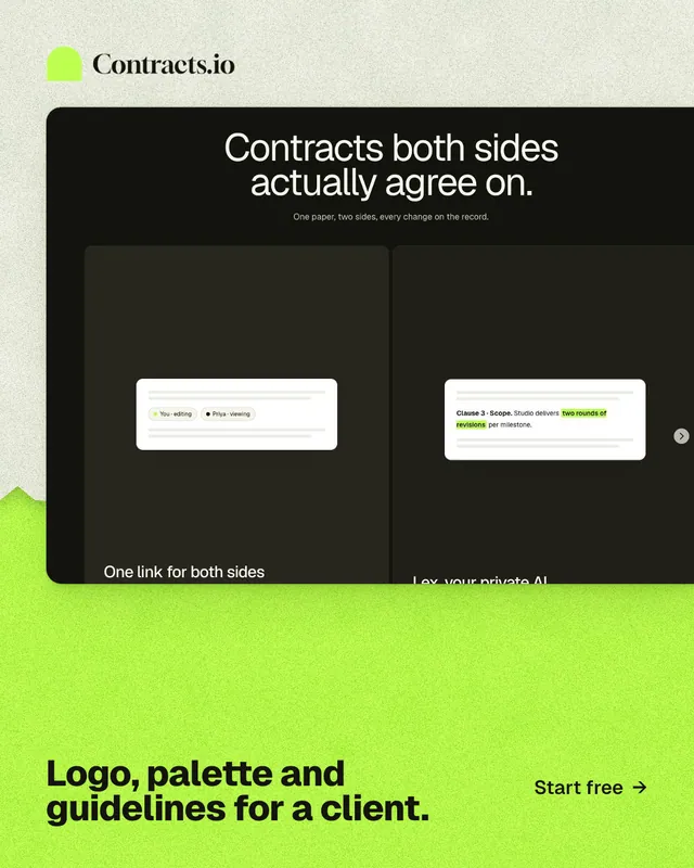 Instagram portrait post for contracts.io: "Logo, palette and guidelines for a client." Paper trio style, image led layout, light palette in green, black.