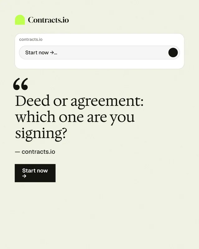 Instagram portrait post for contracts.io: "Deed or agreement: which one are you signing?" Swiss style, quote layout, light palette in white.