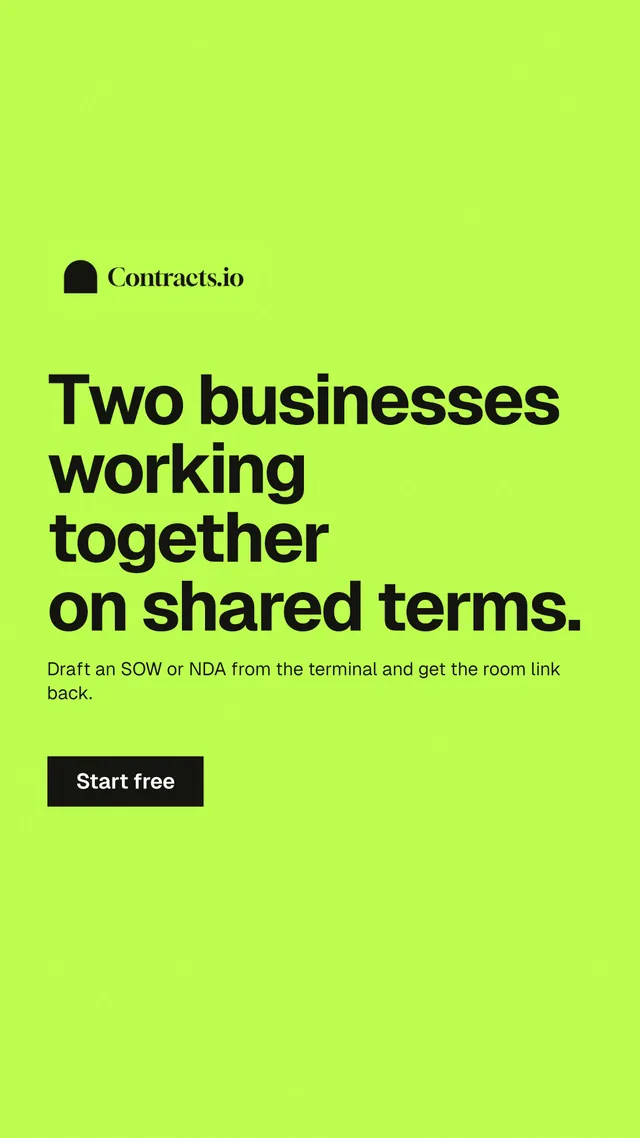 Instagram story for contracts.io: "Two businesses working together on shared terms." Swiss style, announce layout, light palette in green.