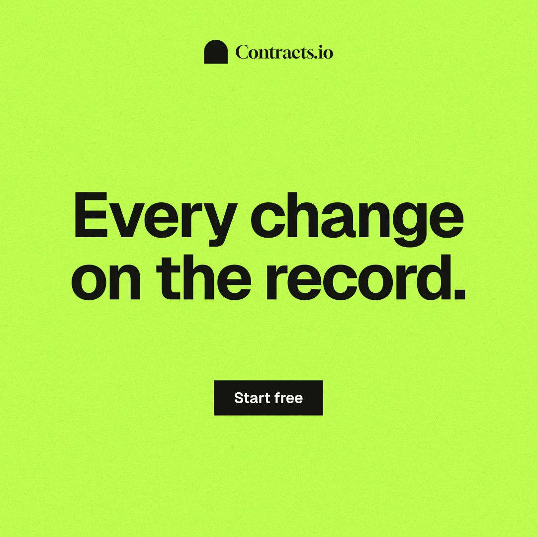 Instagram post for contracts.io: "Every change on the record." Swiss style, centred layout, light palette in green.