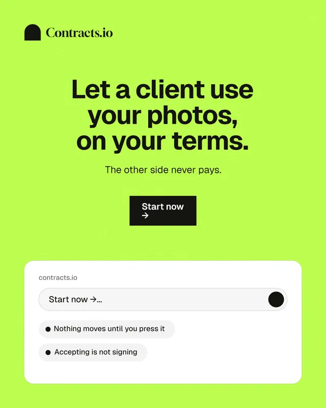 Instagram portrait post for contracts.io: "Let a client use your photos, on your terms." Swiss style, centred layout, light palette in green, white.