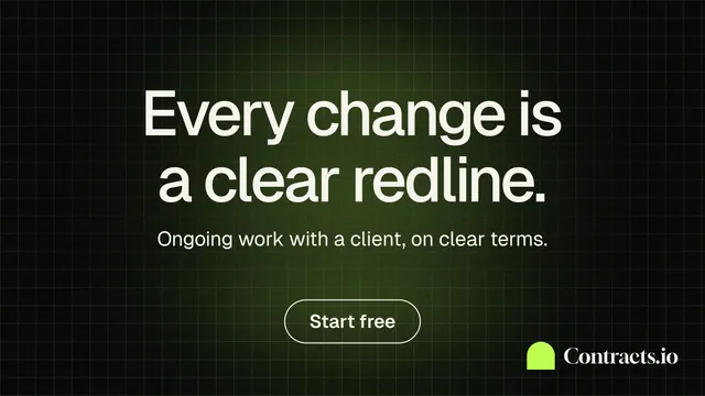 Landscape graphic for contracts.io: "Every change is a clear redline." Phosphor atlas style, centred layout, dark palette in black, grey.