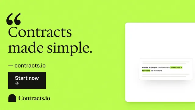 Landscape graphic for contracts.io: "Contracts made simple." Swiss style, quote layout, light palette in green, white.