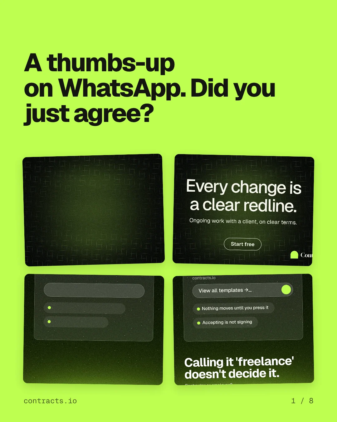 Carousel for contracts.io: "A thumbs-up on WhatsApp. Did you just agree?". Collection carousel, 8 slides, light palette.