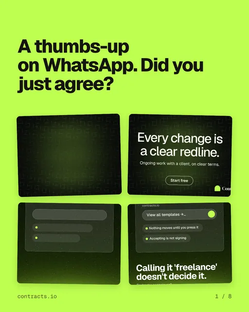 Carousel for contracts.io: "A thumbs-up on WhatsApp. Did you just agree?". Collection carousel, 8 slides, light palette.