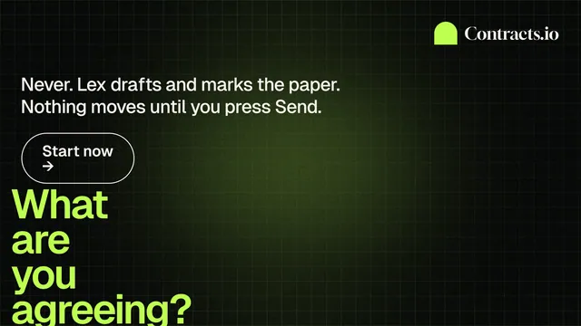 Landscape graphic for contracts.io: "What are you agreeing?" Phosphor atlas style, oversized layout, dark palette in black, green.