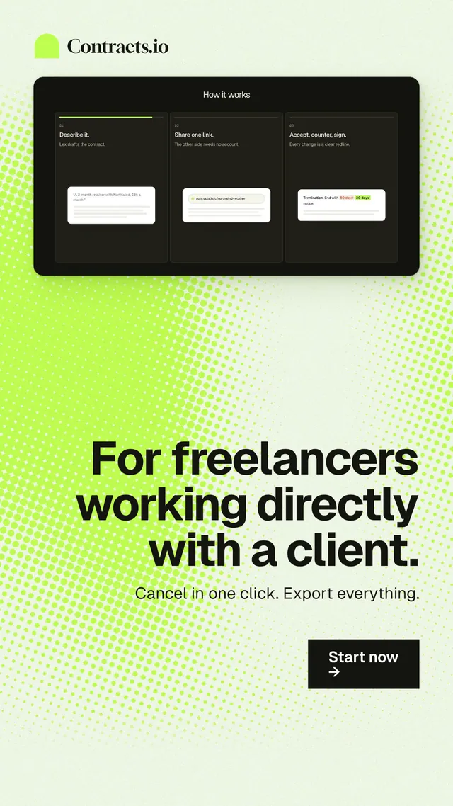 Instagram story for contracts.io: "For freelancers working directly with a client." Swiss style, right layout, light palette in white, black, green.