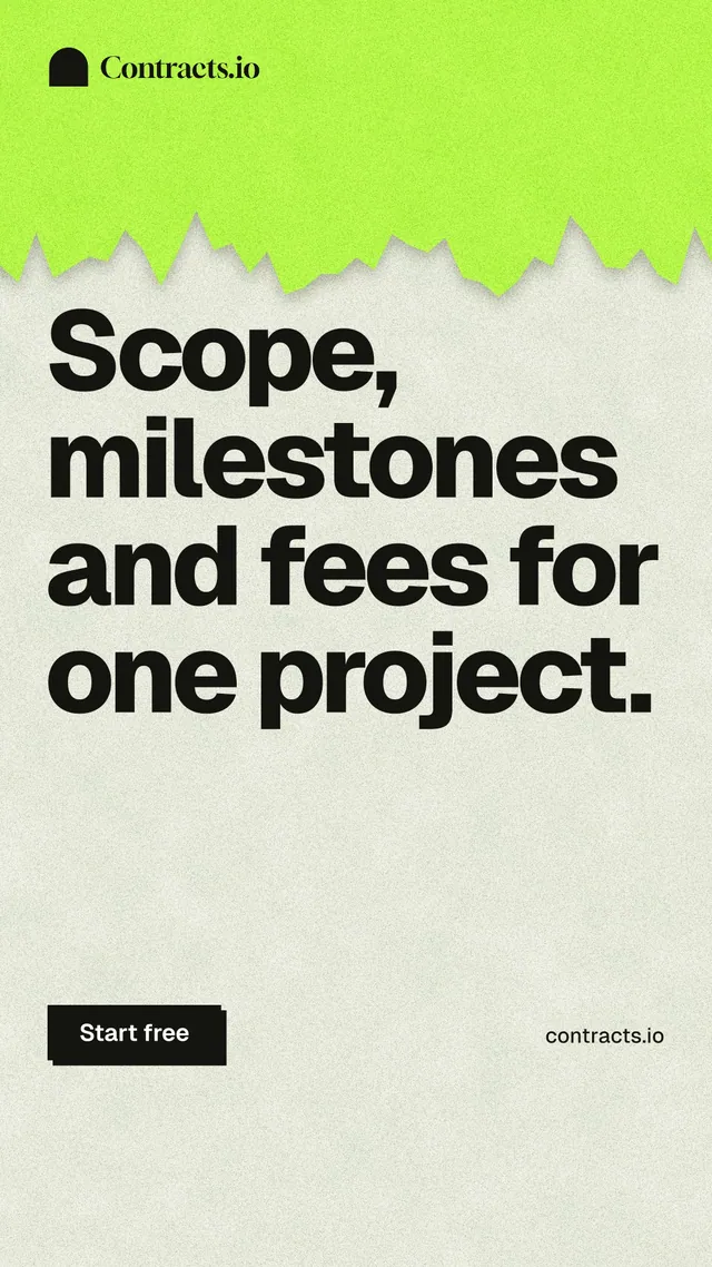 Instagram story for contracts.io: "Scope, milestones and fees for one project." Paper trio style, poster layout, light palette in green, grey.