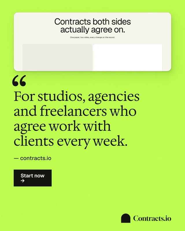 Instagram portrait post for contracts.io: "For studios, agencies and freelancers who agree work with clients every week." Swiss style, quote layout, light palette in green.