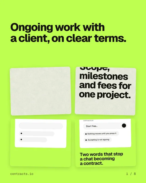 Carousel for contracts.io: "Ongoing work with a client, on clear terms.". Collection carousel, 8 slides, light palette.