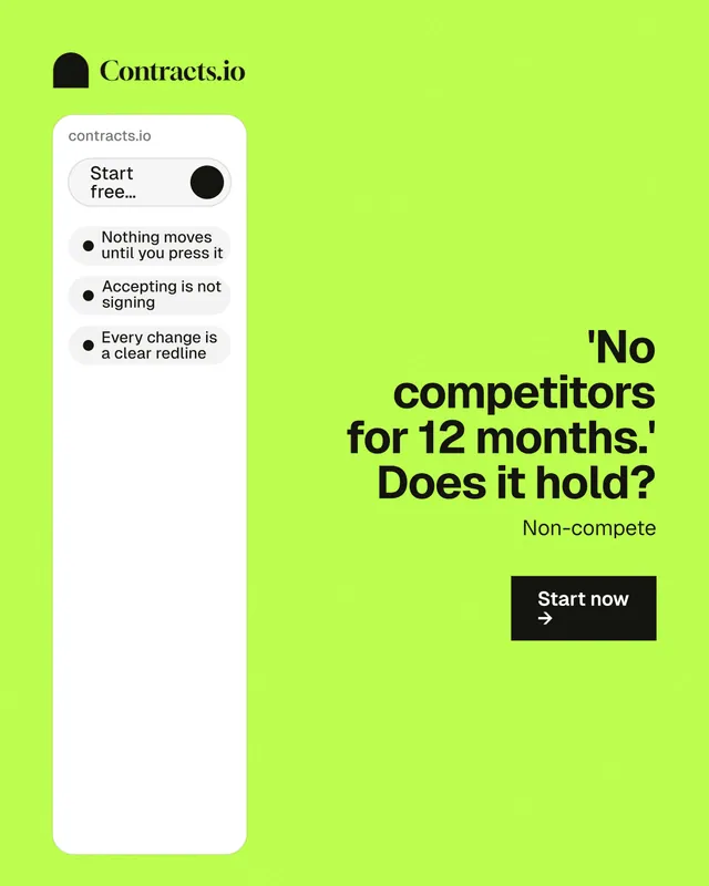 Instagram portrait post for contracts.io: "'No competitors for 12 months.' Does it hold?" Swiss style, right layout, light palette in green, white.
