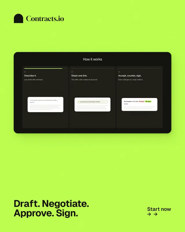 Instagram portrait post for contracts.io: "Draft. Negotiate. Approve. Sign." Swiss style, image led layout, light palette in green, black.
