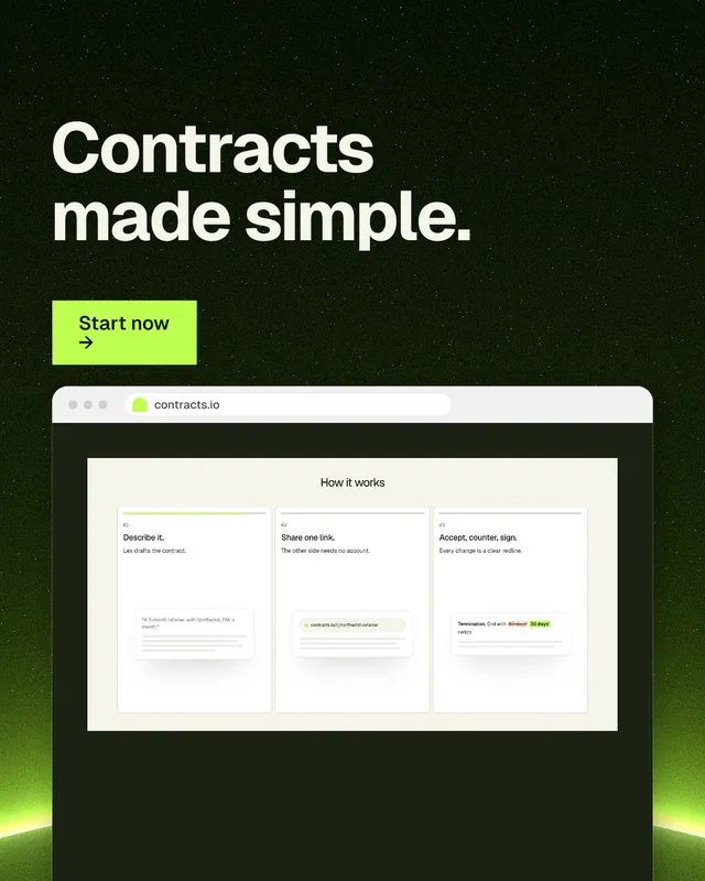 Instagram portrait post for contracts.io: "Contracts made simple." Swiss style, browser layout, dark palette in black, white, green.