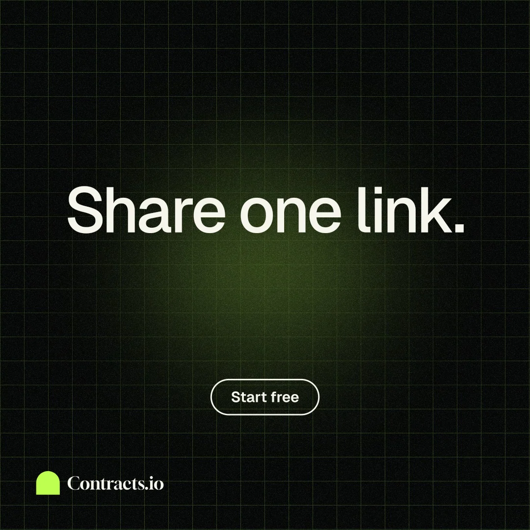Instagram post for contracts.io: "Share one link." Phosphor atlas style, centred layout, dark palette in black, grey.