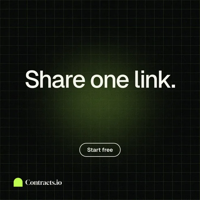 Instagram post for contracts.io: "Share one link." Phosphor atlas style, centred layout, dark palette in black, grey.