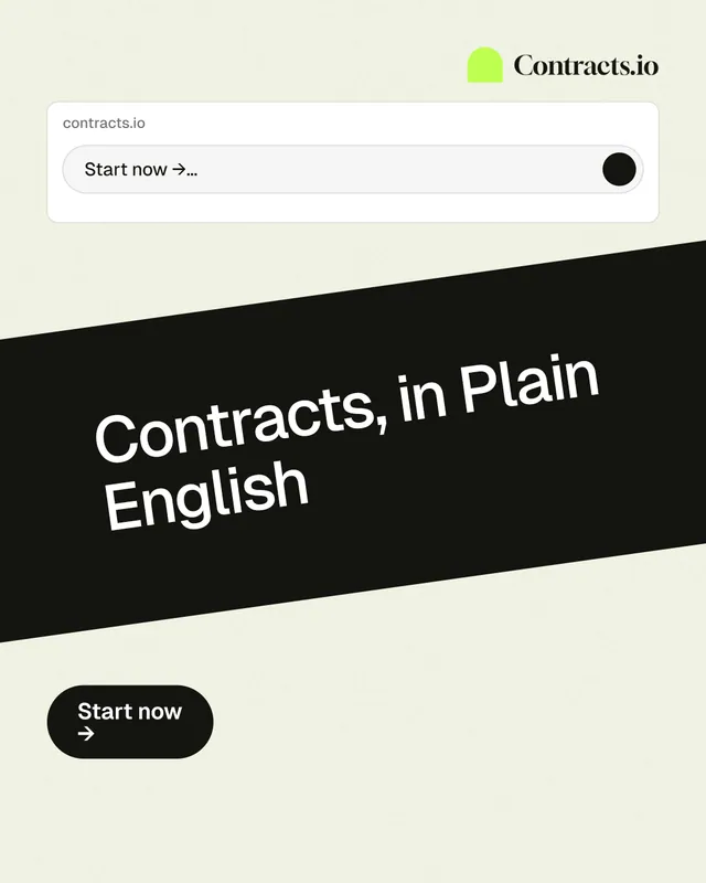 Instagram portrait post for contracts.io: "Contracts, in Plain English". Data card style, diagonal layout, light palette in white, black, green.