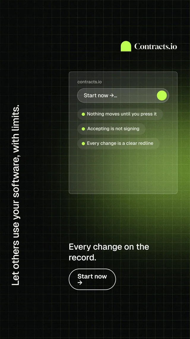 Instagram story for contracts.io: "Let others use your software, with limits." Phosphor atlas style, vertical layout, dark palette in black, green.