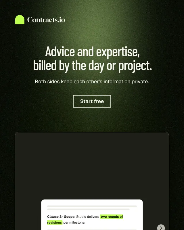 Instagram portrait post for contracts.io: "Advice and expertise, billed by the day or project." Dark deco style, centred layout, dark palette in black, green, grey.
