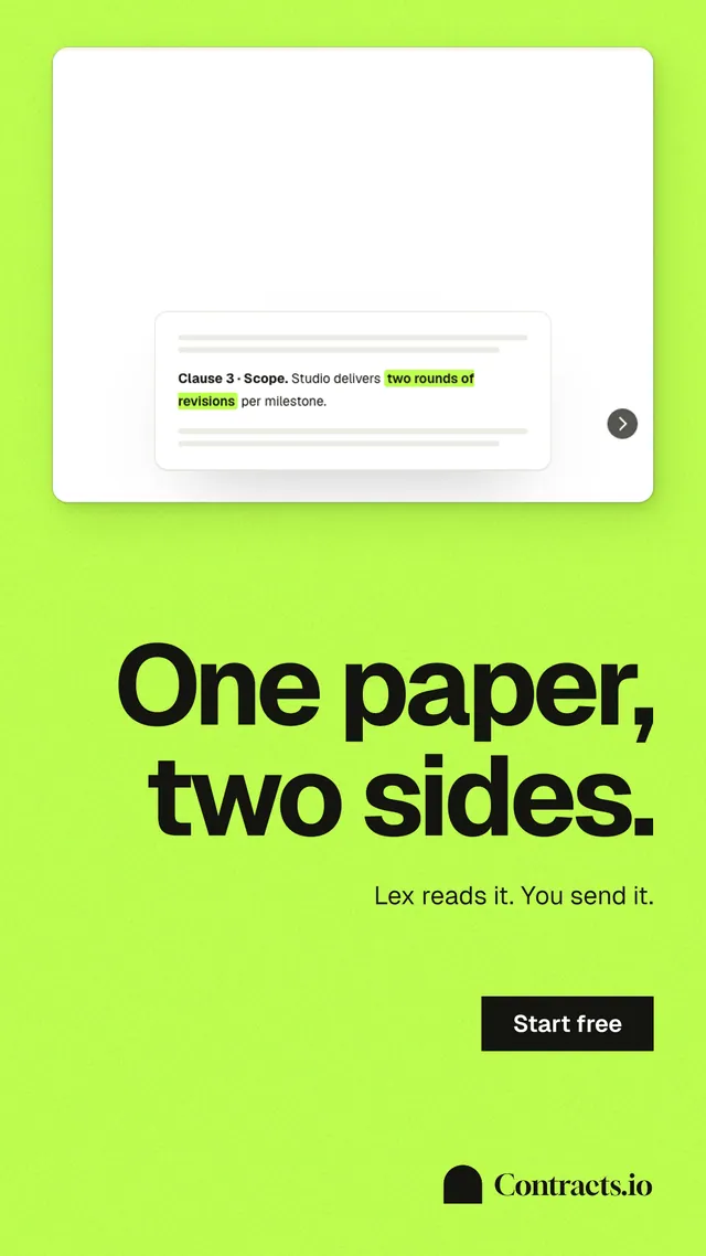 Instagram story for contracts.io: "One paper, two sides." Swiss style, right layout, light palette in green, white.