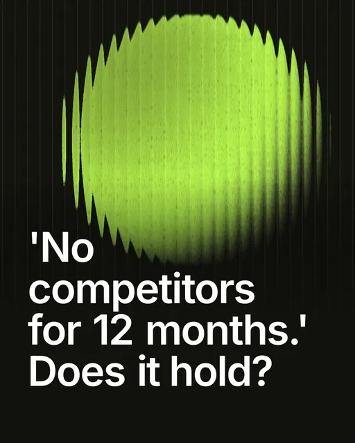 Video for contracts.io: "'No competitors for 12 months.' Does it hold?". Shader loop, 6.0 s, dark palette.