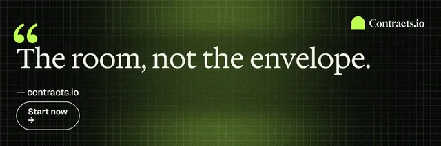 X header for contracts.io: "The room, not the envelope." Phosphor atlas style, quote layout, dark palette in green, black.